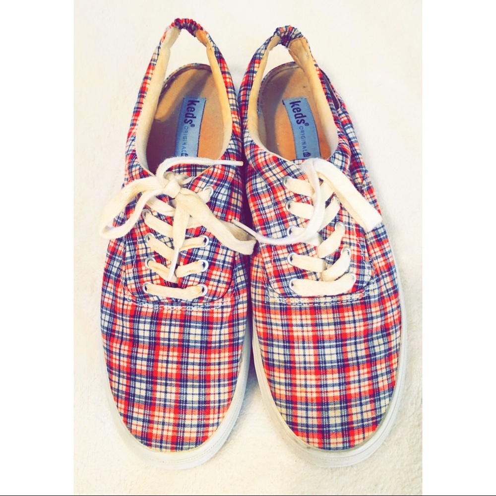 Vintage red,white and blue plaid slingback canvas Keds